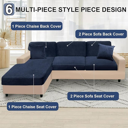 NAISI Sectional Couch Covers 6 Pieces Velvet Couch Cushion Covers L Shape Soft Stretch Sofa Slipcovers with 2pcs Pillowcases for Left/Right Chaise Sectional Couch(2 Seater+1 Chaise+3 Back,Navy)