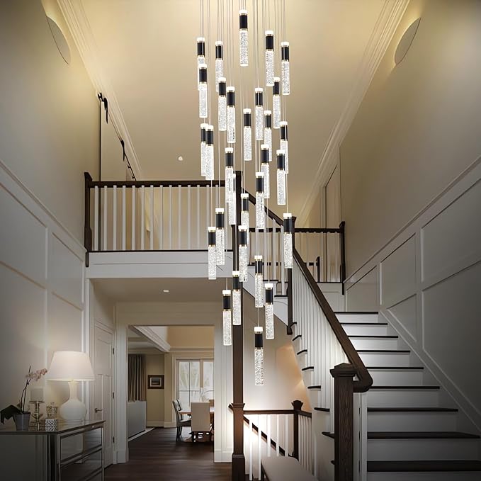 30-Lights Large Chandelier for High Ceiling Long Crystal Modern Foyer Chandelier for Hallway Dimmable Led Pendant Light for Entryway