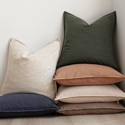 Foindtower Pack of 2, Decorative Linen Solid Throw Pillow Covers Soft Accent Cushion Case Farmhouse Neutral Pillowcase for Chair Couch Sofa Bedroom Living Room Home Decor 18 x 18 Inch Dark Olive Green
