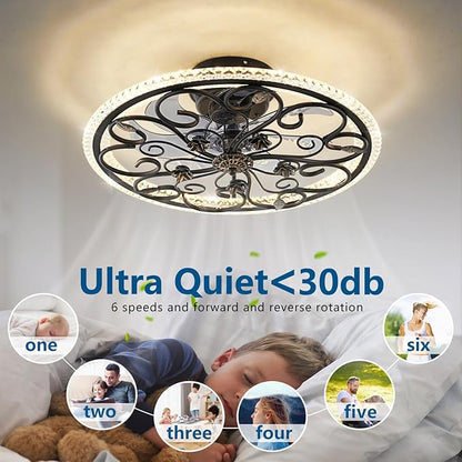 Black Flower Caged Ceiling Fan with Light, Rustic Industrial Ceiling Fan with Lights and Remote, LED Low Profile Ceiling Fan with Light for Bedroom Kitchen Living Room