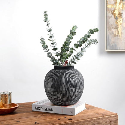 9" Large Ceramic Vase with Wide Mouth, Rustic Vase for Entryway, Living Room & Abundant Blooms Decor, Big & Round Design, Chunky & Dark Gray