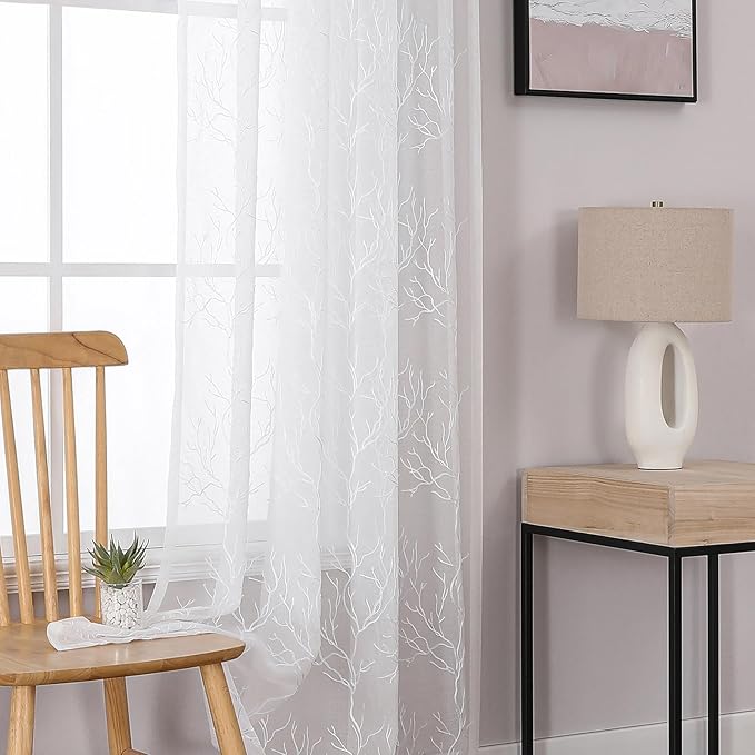VISIONTEX Sheer Curtains 108 inch Length 2 Panels Set Decorative White Coral Embroidery Rod Pocket Embroidered Semi Sheer Window Drapes for Living Room and Bedroom 54 x 108 Inches