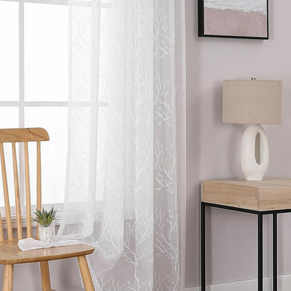 VISIONTEX Sheer Curtains 108 inch Length 2 Panels Set Decorative White Coral Embroidery Rod Pocket Embroidered Semi Sheer Window Drapes for Living Room and Bedroom 54 x 108 Inches