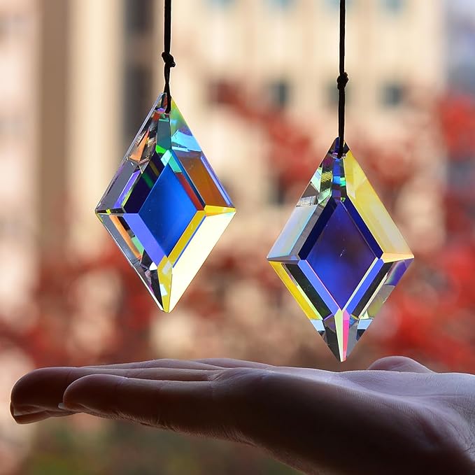 2PCS Simple Geometry Crystal Sun Catcher Prisms, stino Hanging Suncatchers with Glass Prism, Rainbow Maker for Windows, Balcony, Kitchen, Garden Decoration (1, Rhombus ABColor 2Pcs)