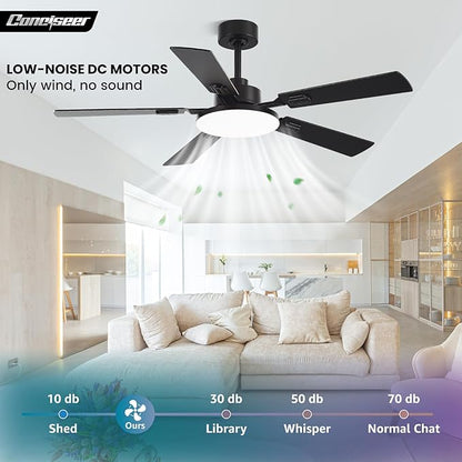 52 Inch Ceiling Fans with Lights and Remote for Bedroom Living Room Kitchen Office, Indoor/Outdoor Use, 5CCT Dimmable, 5 Blades, 6 Speed Reversible Quiet DC Motor, Black/Wood Grain