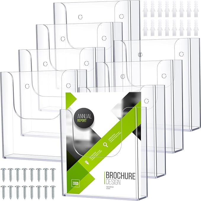 Ripeng 8 Pack Brochure Holder Wall Mount 6 x 9 Inch Clear Flyer Holder Magazine Pamphlet Display Stand Acrylic Wall Organizer Plastic Wall File Holder for Literature Mail Paper document Rack Display