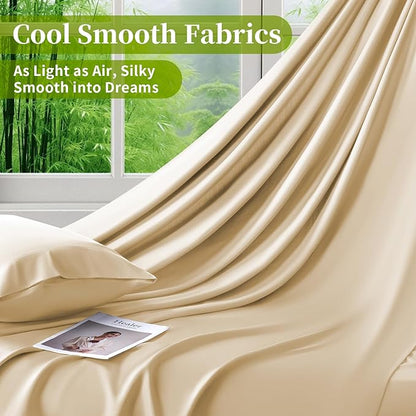 Shilucheng 100% Viscose Derived from Bamboo_ Sheets Queen Size 4pcs - Ultra Cooling & Silky Soft Bed Sheets, 16" Deep Pocket, Perfect for Hot Sleepers, Hotel Bedding Sheets (Beige)