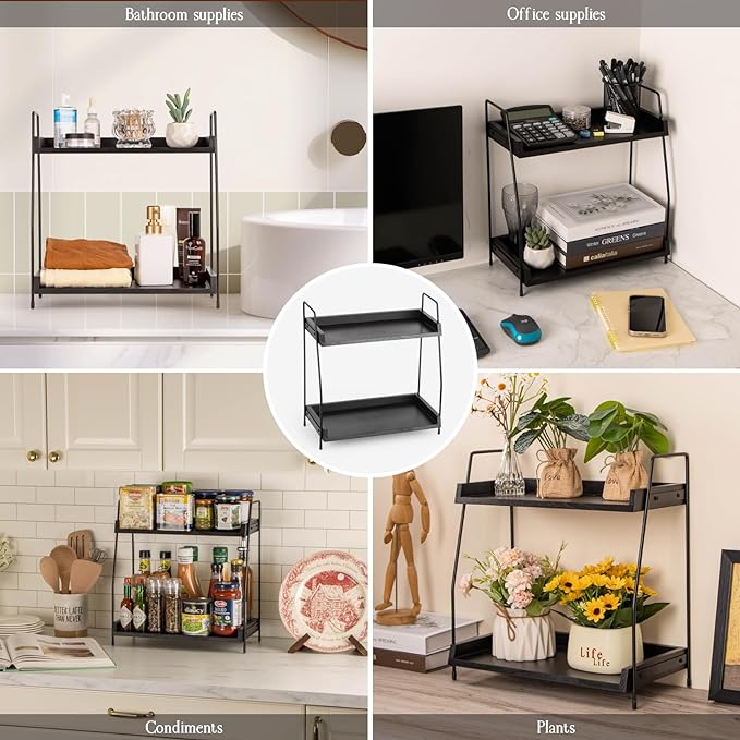 2-Tier Coffee Station Organizer, Wooden Kitchen Counter Shelf - Black