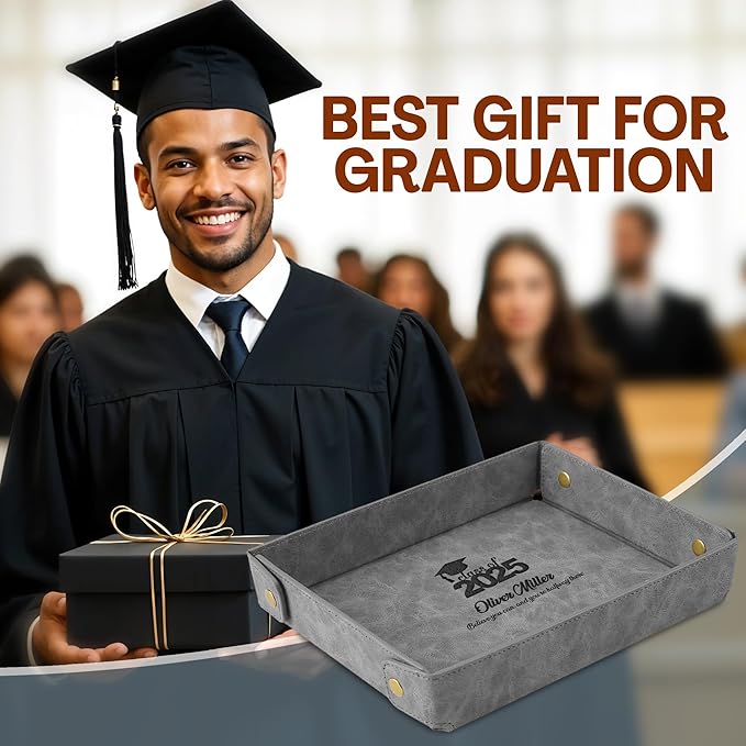 Engraved PU Leather Valet Tray – Personalized Catchall with Custom Name for Desk, Dresser, or Nightstand – Compact Organizer for Keys, Wallet, Jewelry – Graduation Gift for Him or Her – Grey