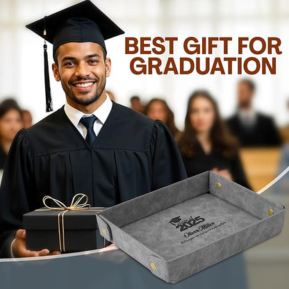 Engraved PU Leather Valet Tray – Personalized Catchall with Custom Name for Desk, Dresser, or Nightstand – Compact Organizer for Keys, Wallet, Jewelry – Graduation Gift for Him or Her – Grey