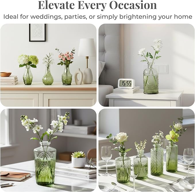 BEAHOT 32 Pack Bud Vase in Bulk,Mini Green Vintage Glass Flower Vases for Centerpieces,Wedding Decor,Party & Home Decaration,Mother's Day (Green-Gradient)