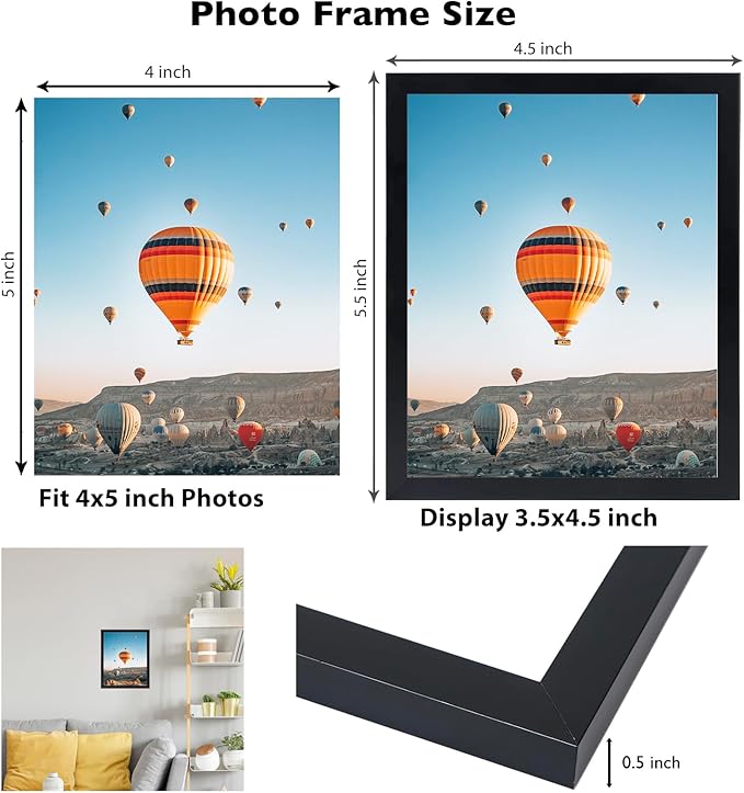 4x5 Picture Frame Set of 2 for Wall Hanging or Tabletop, Wall Mounting Horizontally or Vertically, 4 x 5 Wall Gallery Poster Photo Frames for 4 by 5 Photo, 2 Pack, Black