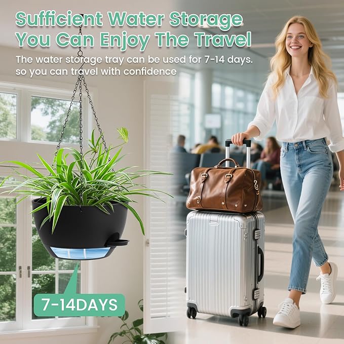 Set of 3-10 Inch Self Watering Hanging Planters for Indoor & Outdoor，Hanging Plant Pots with Drainage & Removable Tray, Modern Hanging Pots Holder for Ivy, Spider Plants, Ferns, Balcony & Patio, Black