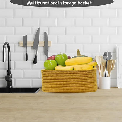 COMFY-HOMI 13" x 8.5" x 5.1" Storage Baskets for Organizing | Cotton Rope Woven Basket | Toy Storage Bin Box | Basket for Shelves, Closet Organizer Bin, Decorative Closet Shelf, 3 Pack, Yellow