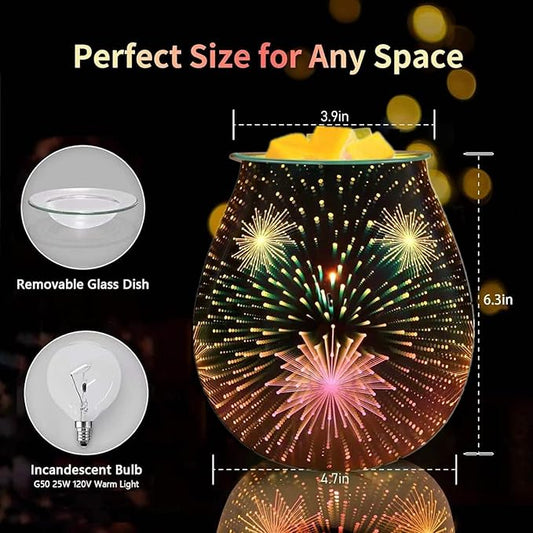 3D Glass Wax melt Warmer,Electric melt Burner,Romantic Aroma Warmer for Essential Oils Burner & Premium Wax Melts Burner.(Fireworks)