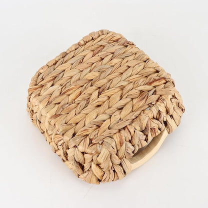 Square Water Hyacinth Basket with Wooden Handles, Small Woven Storage Organizer for shelf