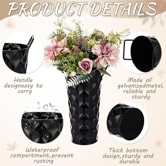 12 Pcs Black Metal Flower Vases 9 Inch Galvanized Flower Bucket Spring Farmhouse French Bucket with Handles, Floral Vases for Centerpiece Bar Wedding Bouquet Table Decoration Supplies