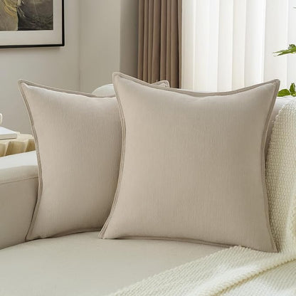 FUTEI Beige Chenille Throw Pillow Covers 26x26 Inch Set of 2,Edges Double-Stitched Euro Pillow Shams,Modern Home Decor for Couch Living Room