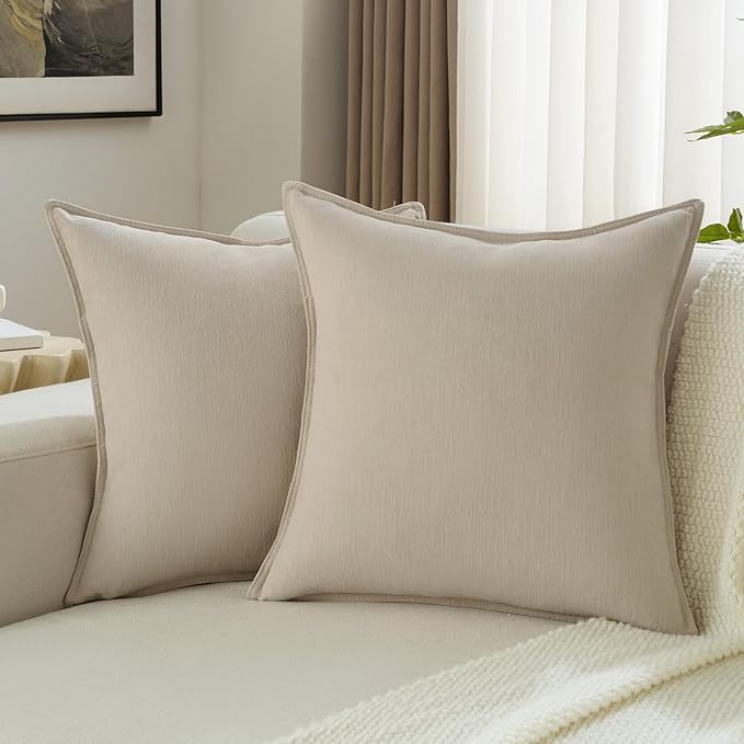 FUTEI Beige Chenille Throw Pillow Covers 20x20 Inch Set of 2,Edges Double-Stitched Cushion Cases,Modern Home Decor for Couch Living Room