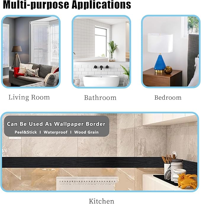10M Black Wood Grain Removable PVC Waterproof Border Wall Decor Removable Self Adhesive Kitchen Bathroom Tiles Sticker Wallpaper 2"x390"