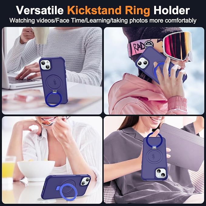 Compatible with iPhone 15 Plus Case with Invisible Magnetic O-Ring Stand Military-Grade Translucent Case for iPhone 15 Plus 6.7" [Compatible with Mag-Safe][Great Grip Feeling], Navy