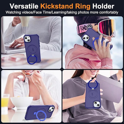 Compatible with iPhone 15 Plus Case with Invisible Magnetic O-Ring Stand Military-Grade Translucent Case for iPhone 15 Plus 6.7" [Compatible with Mag-Safe][Great Grip Feeling], Navy