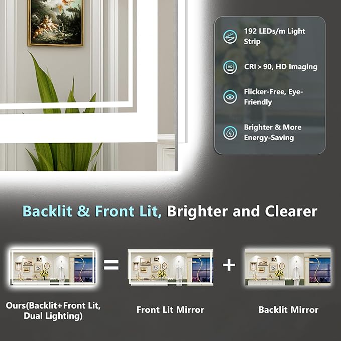 88x38 Inch LED Bathroom Mirror with Lights, Backlit & Front Lit, Anti-Fog Lighted Vanity Mirrors for Bathroom Wall, Dimmable, 3 Color Temperatures, Memory, Shatter-Proof, HD Tempered Glass