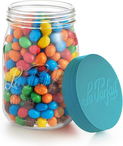Le Parfait Screw Top Jar Wide Mouth French Glass Jar | Ideal for Food and Soup Storage, Canning, Flour, Brown Sugar, and other Baking Supplies (1L/32oz, Pack of 4, Teal)