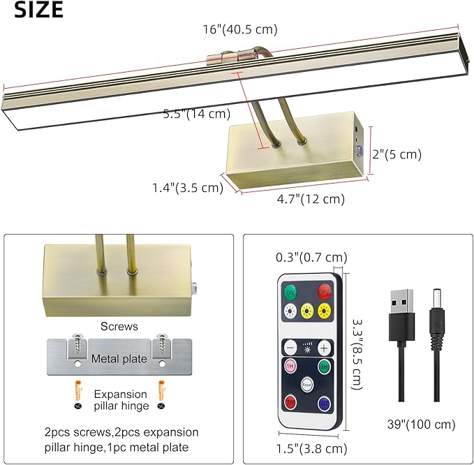 FUNCHDAY Picture Light,3CCT Battery Art Lights for Wall,Wireless Remote Painting Light with Timer and Dimmable,16”Metal Display Lighting for Artwork,Portrait,Gallery-Antique Brass