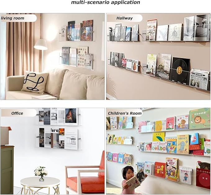 2 Pack - Acrylic Wall Magazine Rack，Clear Brochure Holder Wall Mount,record Holder Wall,Hanging Bookshelf Literature Storage Rack,floating Bookshelves for Offcie Home (47.2in)