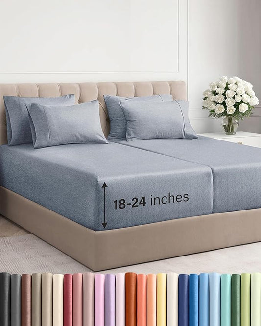 Extra Deep Split King Sheet Set - 7 Piece Breathable & Cooling Sheets - Hotel Luxury Bed Sheets Set - Easy Fit - Soft, Wrinkle Free & Comfy Sheets Set - Heathered Blue Sheet Set w/Extra Deep Pockets