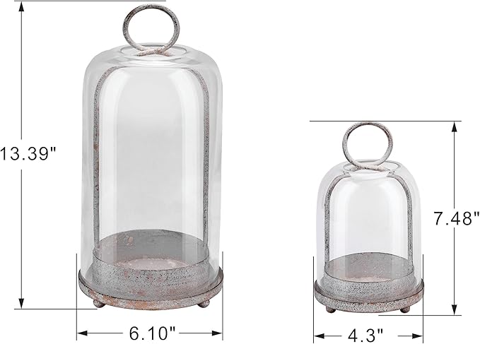 6" & 4" Wide Versatile Modern Metal Hurricane Lantern with Handmade Sturdy Glass Dome in Vintage White for Pillar Candle & Plants, Industrial, Farmhouse, Shabby Chic