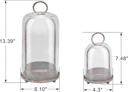 6" & 4" Wide Versatile Modern Metal Hurricane Lantern with Handmade Sturdy Glass Dome in Vintage White for Pillar Candle & Plants, Industrial, Farmhouse, Shabby Chic