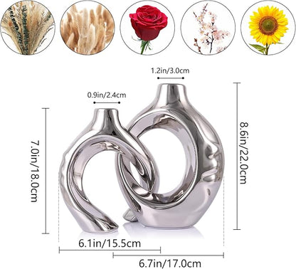 LCCCK Gold Ceramic Vases for Home Decor, Boho Vase for Flowers Pampas Grass Decorative, Hollow Donut Small Vase for Living Room Table Wedding Centerpiece Modern Vases (Silver)