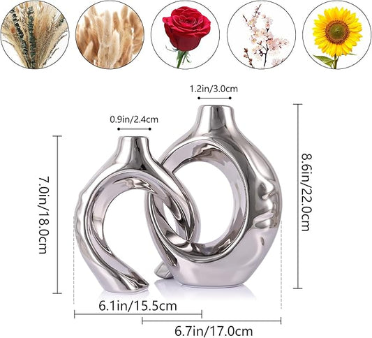 LCCCK Gold Ceramic Vases for Home Decor, Boho Vase for Flowers Pampas Grass Decorative, Hollow Donut Small Vase for Living Room Table Wedding Centerpiece Modern Vases (Silver)