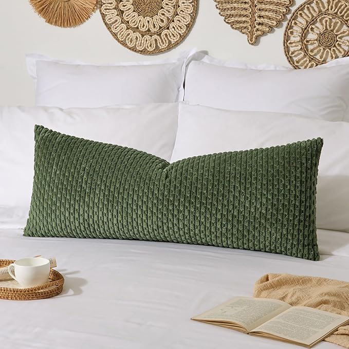 Kevin Textile 20x54 Inch Long Body Lumbar 1 Pack Boho Decorative Throw Pillow Cover Soft Striped Corduroy Rectangle Cushion Case Farmhouse Accent for Living Room Couch Sofa Bed, Moss Green