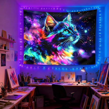 seewan Black Light Cat Tapestry, Space Galaxy Cat Tapestry, Glow-in-the-Dark UV-Reactive Black Light Standing Tapestry, Psychedelic Starry Night Wall Hanging, Bedroom Dorm Living Room Background Decor