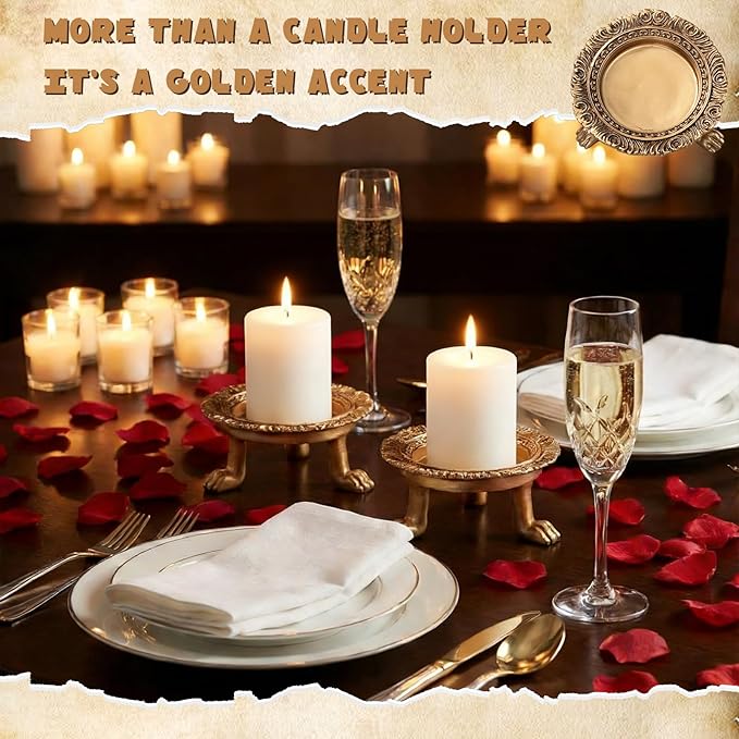 3 Pack Brass Color Candle Holder Pedestal Dish Stand Gold Vintage Tray Clawfoot Plate Decor for Jewelry Wax Ring Trinket