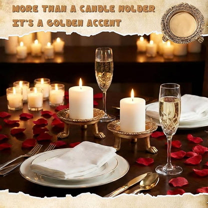 3 Pack Brass Color Candle Holder Pedestal Dish Stand Gold Vintage Tray Clawfoot Plate Decor for Jewelry Wax Ring Trinket