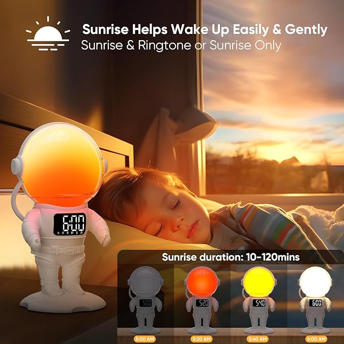 Astronaut Sunrise Alarm Clock for Kids, White Noise Sound Machine with 30 Soothing Sounds, 22 Dimmable Nightlights, Bluetooth Speaker, Dual Digital Alarm Clocks, Wake Up Light for Bedroom, Adults