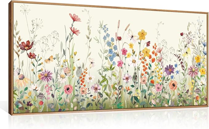 Aryroi Watercolor Colorful Wildflower Framed Canvas Wall Art Set,Modern Nature Flower Wall Decor,Natural Pink Green Floral Botanical Artwork for Living Room, Bedroom,Farmhouse-40 x20 x1