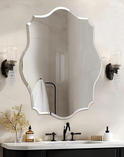 Frameless Scalloped Wall Mirror: Decorative Scallop Oval Mirrored Glass Vanity with Beveled Silver Edge for Bathroom Bedroom Livingroom Dining Room Entryway Hallway, 32 x 24 inch