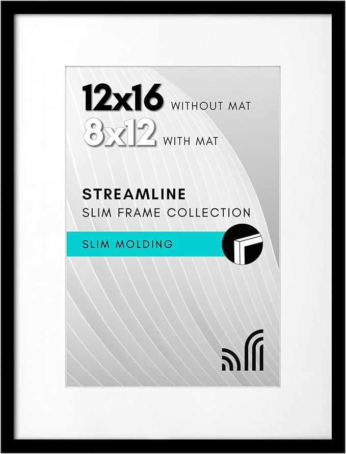 Americanflat 12x16 Picture Frame with Polished Plexiglass - Use as 8x12 Frame with Mat or Display 12x16 Photo Without Mat - Streamline Collection - Thin Border Picture Frames for Wall - Black