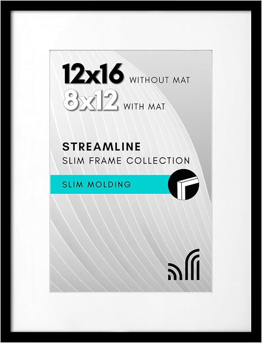 Americanflat 12x16 Picture Frame with Polished Plexiglass - Use as 8x12 Frame with Mat or Display 12x16 Photo Without Mat - Streamline Collection - Thin Border Picture Frames for Wall - Black