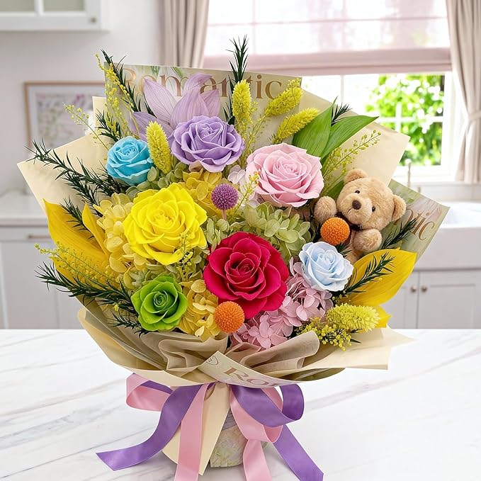 HUACHIPLUS Preserved Bouquet with Bear: Big Flowers Big Love-Romantic Gifts for Her Wife Girlfriend Mom-Flowers for Delivery Prime on Christmas Valentines Day Anniversary Mothers Day (dopamine1)
