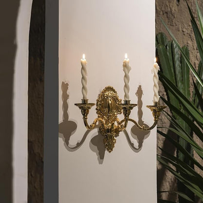 3-Candle Wall Sconces,Victorian Metal Wall Mounted Candlestick,Gold Crown Candle Holders for Tapered Candle,Gothic Antique Candelabra,Brass Baroque Decor for Living Rooms Hallways(1pack