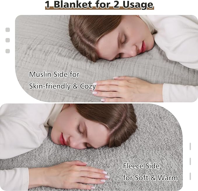 EMME Muslin and Fleece Twin Blanket Reversible - 60"*80" Grey Soft Warm Throw Blankets for Couch Bed Picnic Travel Bed