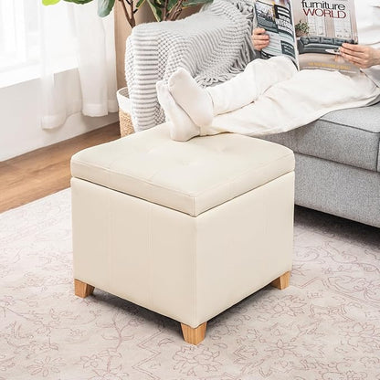 Adeco Faux Leather Storage Ottoman with Hinged Lid, 16 Inch High Light Yellow Ivory Square Cube Foot Stool with Storage, Upholstered Vanity Stool with Solid Wood Legs for Living Room, Bedroom
