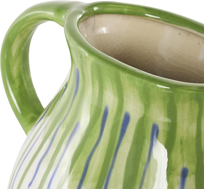 Deco 79 Ceramic Abstract Decorative Vase Centerpiece Vases with Green and Blue Drip Design and Handle, Flower Vases for Home Decoration 9" x 8" x 11", White
