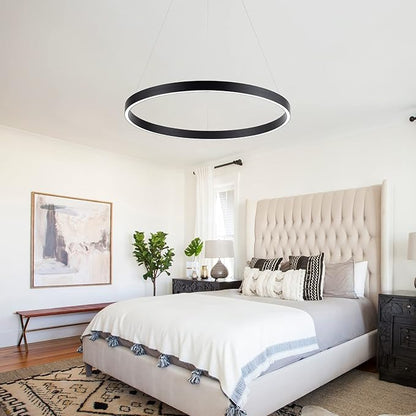 MADEM Room Decor Modern LED Pendant Light 1-Ring Circular Contemporary Chandelier 23.6'' Flush Mount Pendant Lighting for Living Dining Room Bedroom, 6000K Cool White, Black